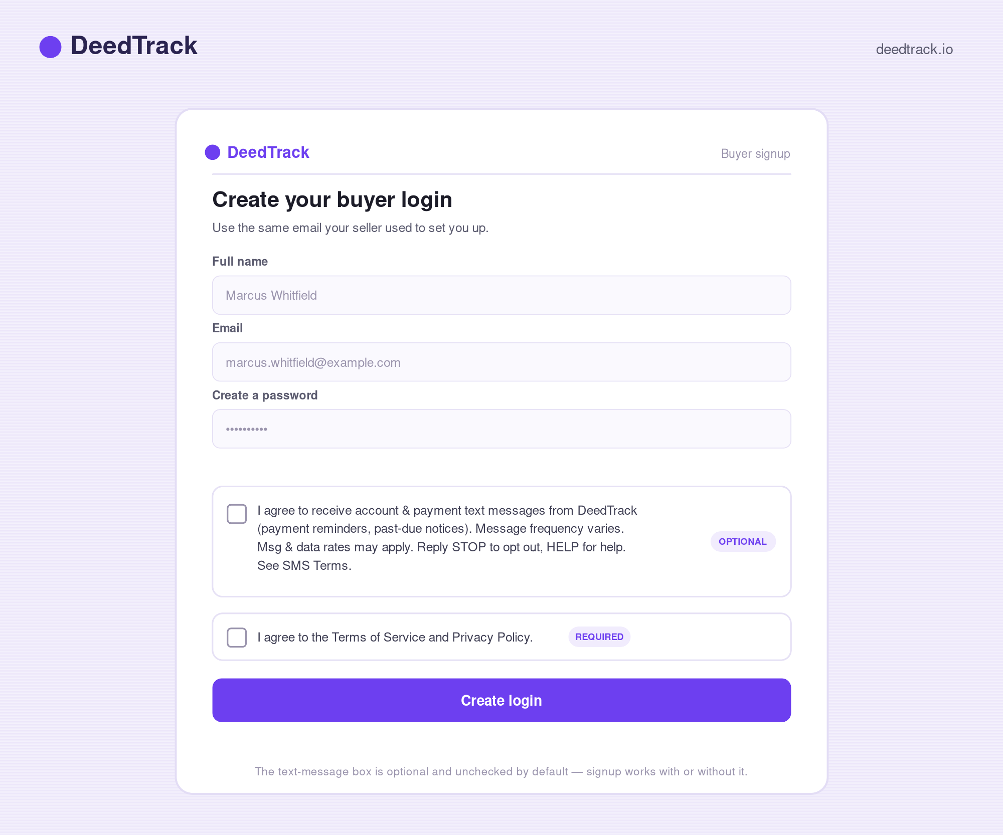DeedTrack buyer account signup form showing the optional text message consent checkbox and the separate Terms of Service checkbox